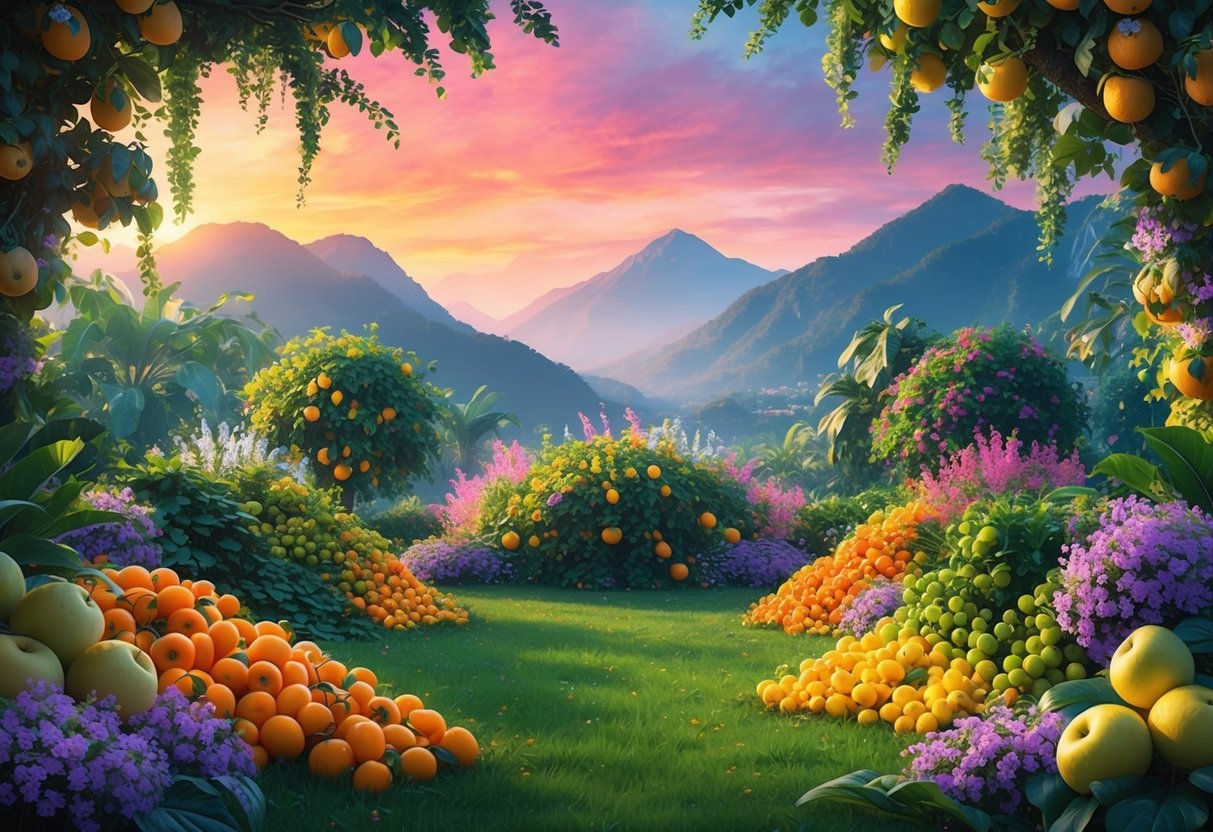 A lush garden with overflowing fruits and blooming flowers, surrounded by a backdrop of mountains and a vibrant sunset