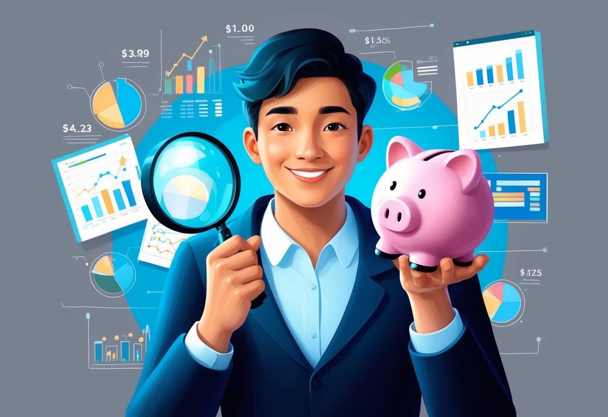 A person holding a piggy bank and a magnifying glass, surrounded by financial charts and graphs, with a smile on their face