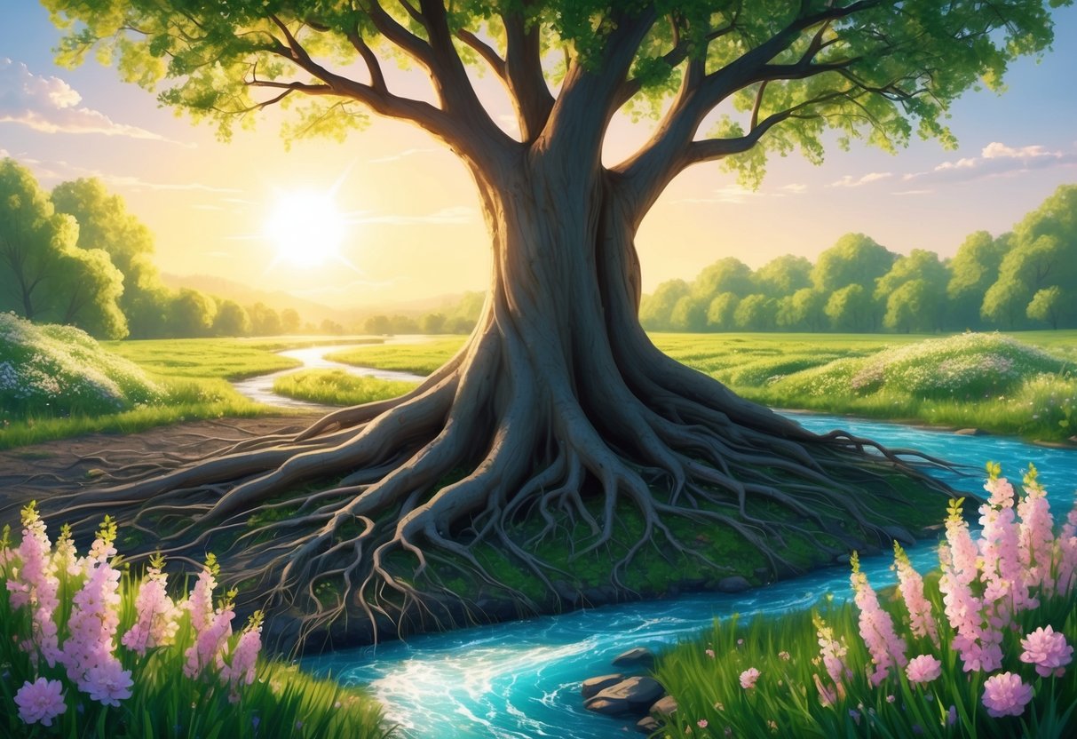 A tree with roots spreading deep into the ground, surrounded by blooming flowers and a flowing river, under a bright, golden sun