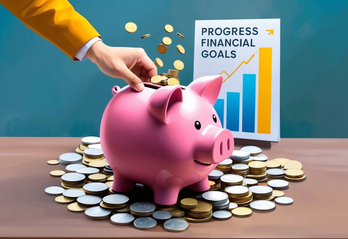 A piggy bank being filled with coins, surrounded by a chart showing progress towards financial goals