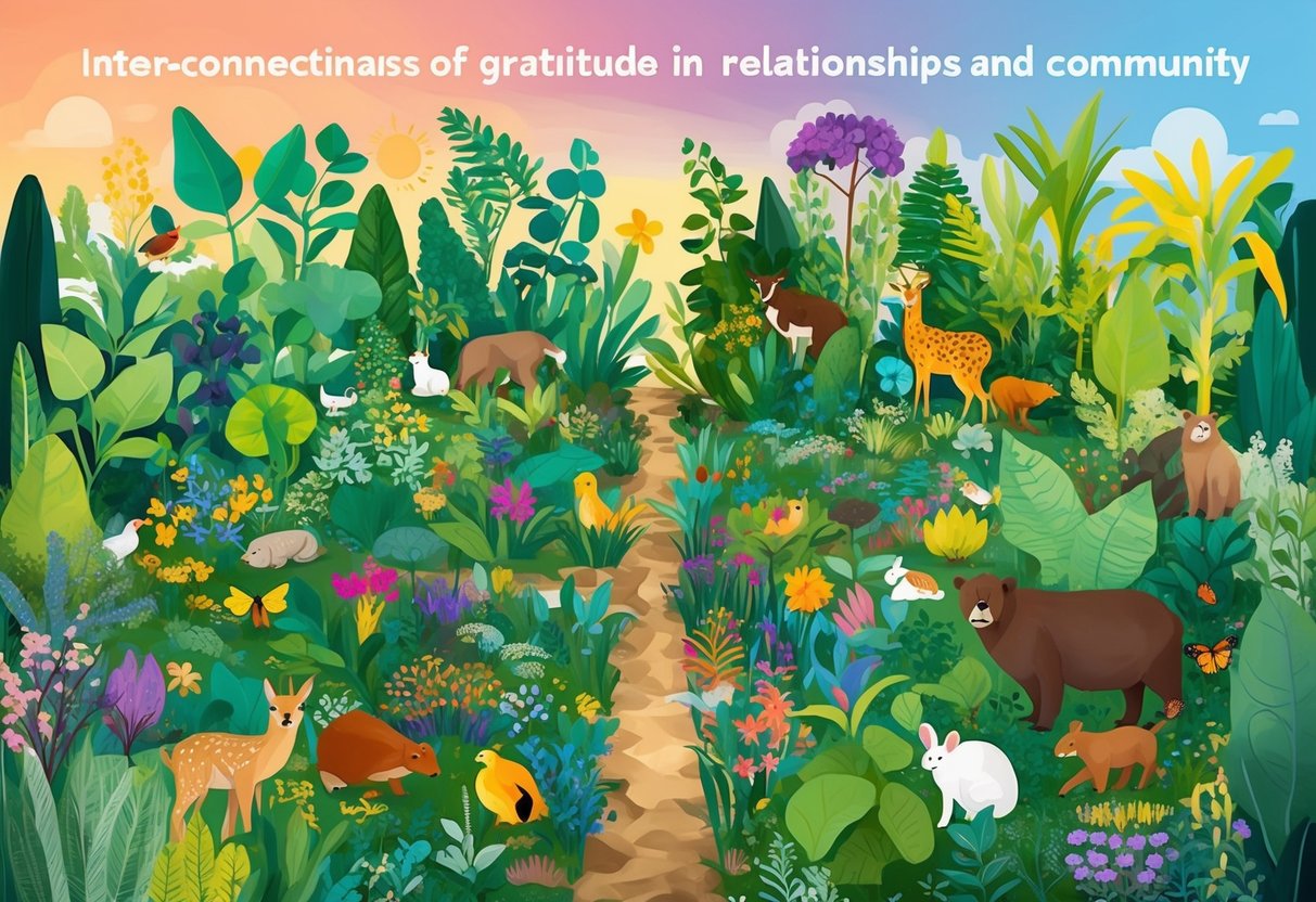 A vibrant garden with diverse plants and animals, showcasing interconnectedness and abundance, symbolizing the role of gratitude in relationships and community