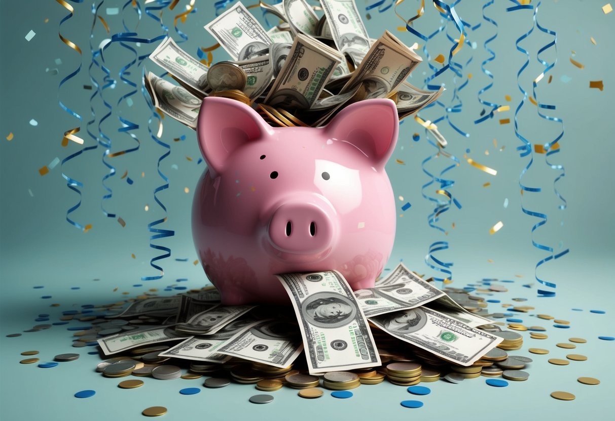 A piggy bank overflowing with coins and bills, surrounded by confetti and streamers