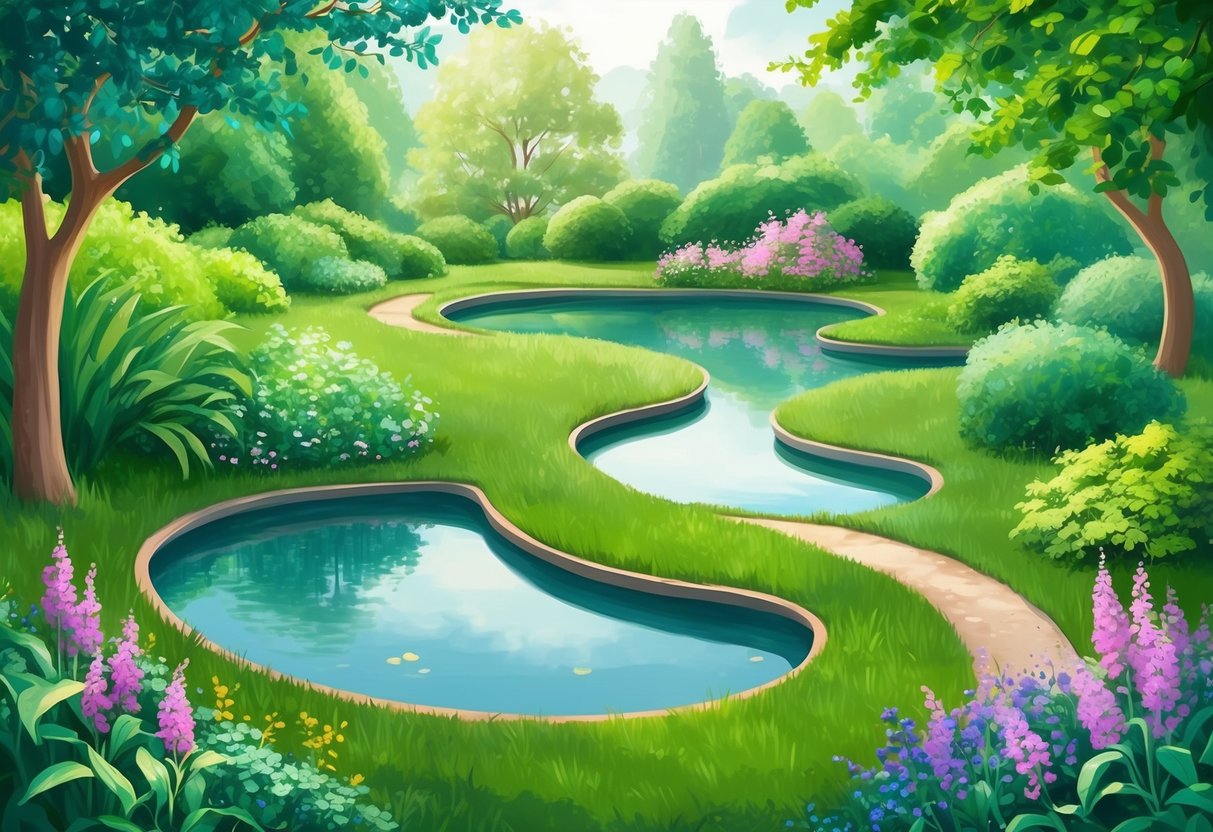 A tranquil garden with a winding path leading to a peaceful pond, surrounded by lush greenery and blooming flowers, symbolizing the journey to financial independence through patience and perseverance