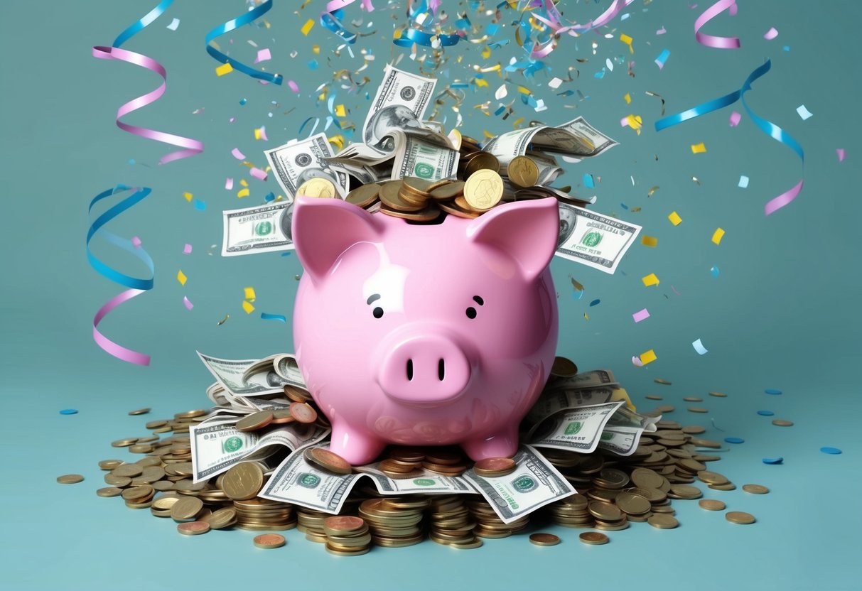 A piggy bank overflowing with coins and bills, surrounded by confetti and streamers