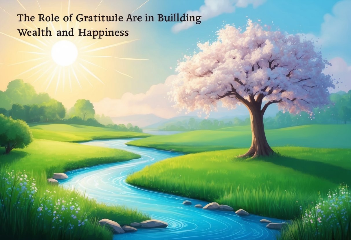 A serene landscape with a blooming tree, a flowing river, and a radiant sun, symbolizing the role of gratitude in building wealth and happiness