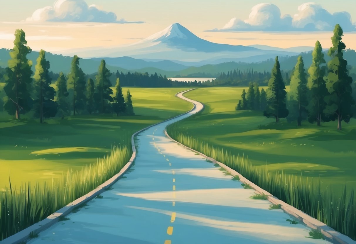 A serene landscape with a winding path leading towards a distant mountain, symbolizing the journey towards financial independence