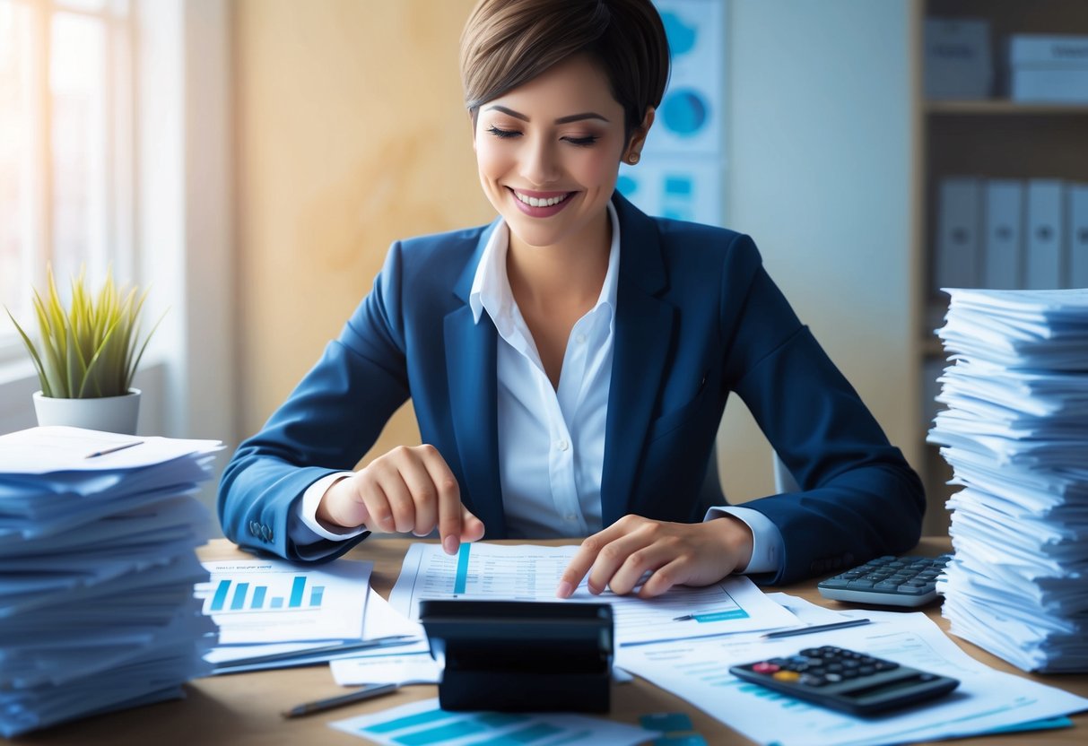A person sitting at a desk, surrounded by financial documents and a calculator, with a smile on their face as they mark off small achievements on a checklist