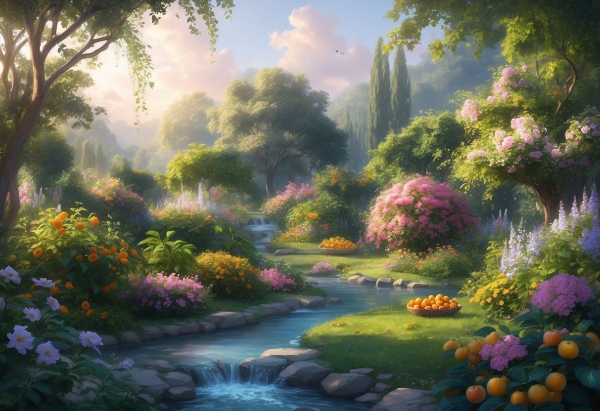 A serene and abundant garden with blooming flowers, ripe fruits, and a flowing stream, surrounded by a peaceful and harmonious natural environment