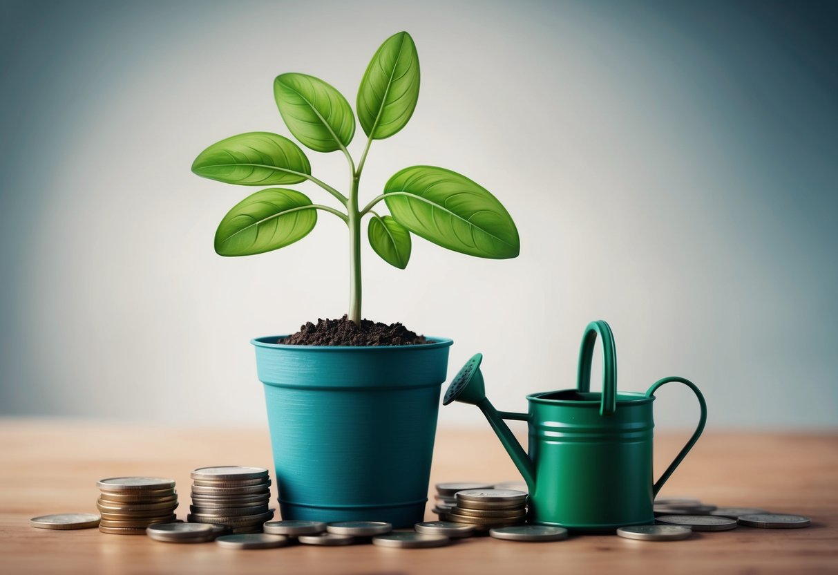 A seedling growing in a pot, surrounded by coins and a small plant watering can, representing the idea of nurturing and celebrating small financial wins