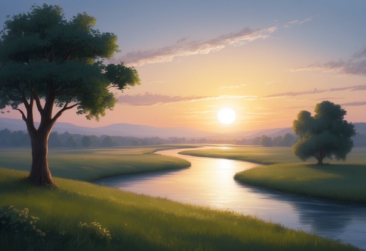 A sun rising over a serene landscape, with a tree in the foreground and a river flowing peacefully in the distance