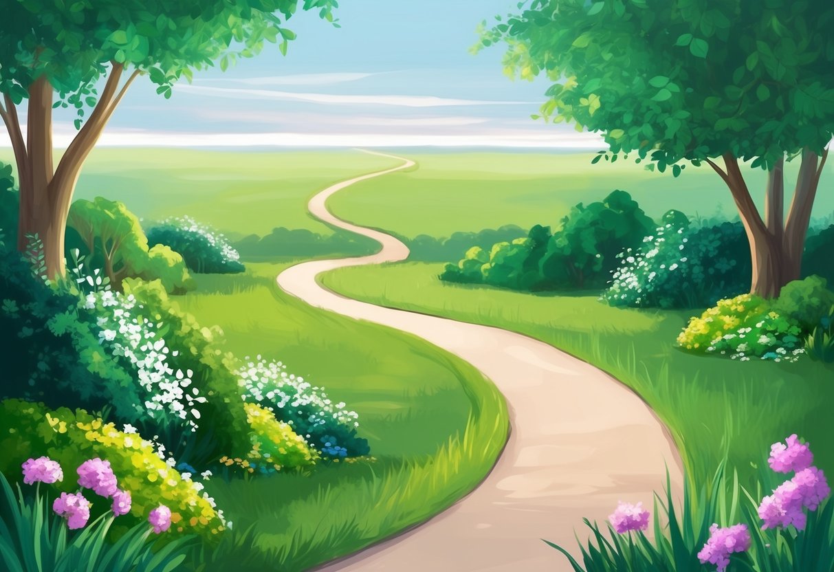 A serene garden with a winding path leading to a distant horizon, surrounded by lush greenery and blooming flowers, symbolizing the journey to financial independence