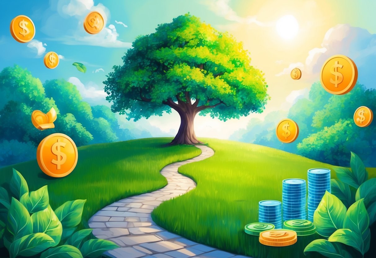 A serene garden with a winding path leading to a vibrant, flourishing tree, surrounded by symbols of financial growth and stability