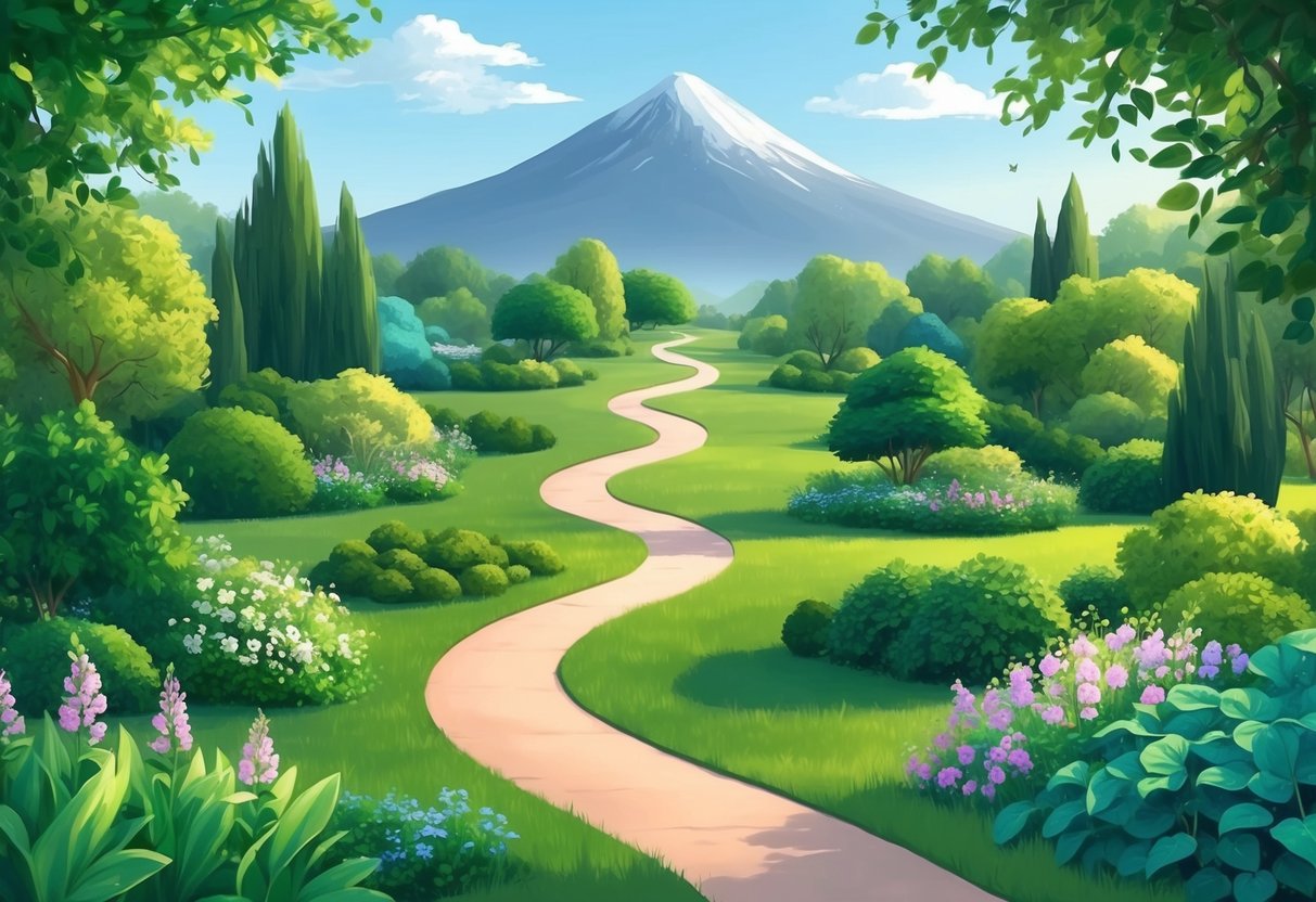 A serene garden with a winding path leading to a distant mountain, surrounded by lush greenery and blooming flowers, symbolizing the journey to financial independence through patience and wise investment principles
