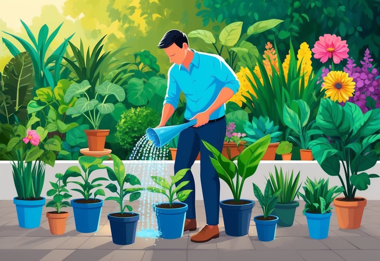 A person watering multiple plants, each representing a different income stream, with a backdrop of a diverse and lush garden