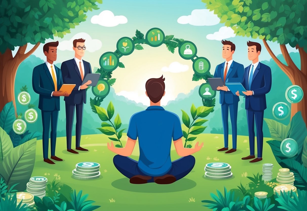 A person sitting in a peaceful garden, surrounded by financial experts and symbols of growth, practicing patience on the path to financial independence
