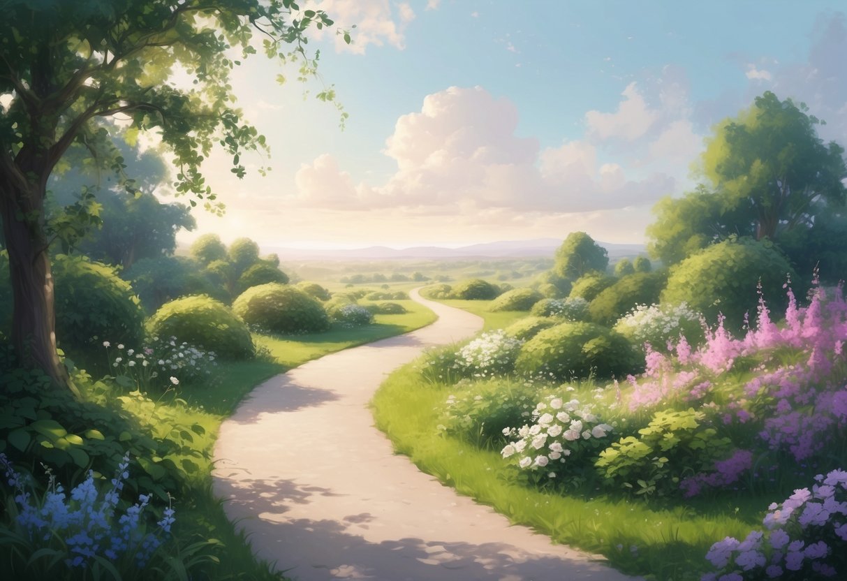 A serene garden with a winding path leading towards a distant horizon, surrounded by blooming flowers and lush greenery, evoking a sense of calm and patience