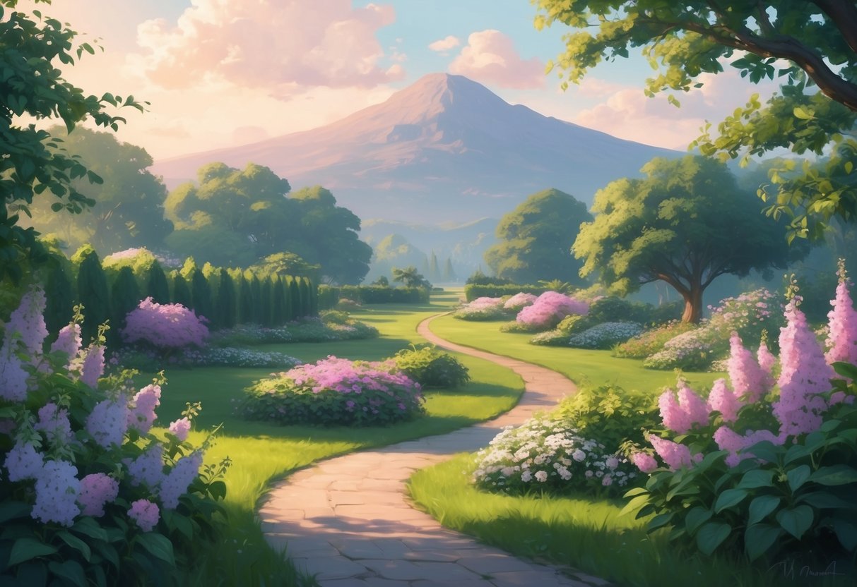 A serene garden with a winding path leading to a distant mountain, surrounded by blooming flowers and lush greenery