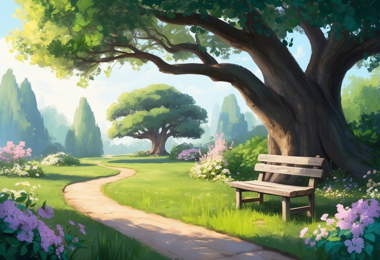 A serene garden with a winding path leading to a rustic wooden bench under a sprawling tree, surrounded by blooming flowers and lush greenery