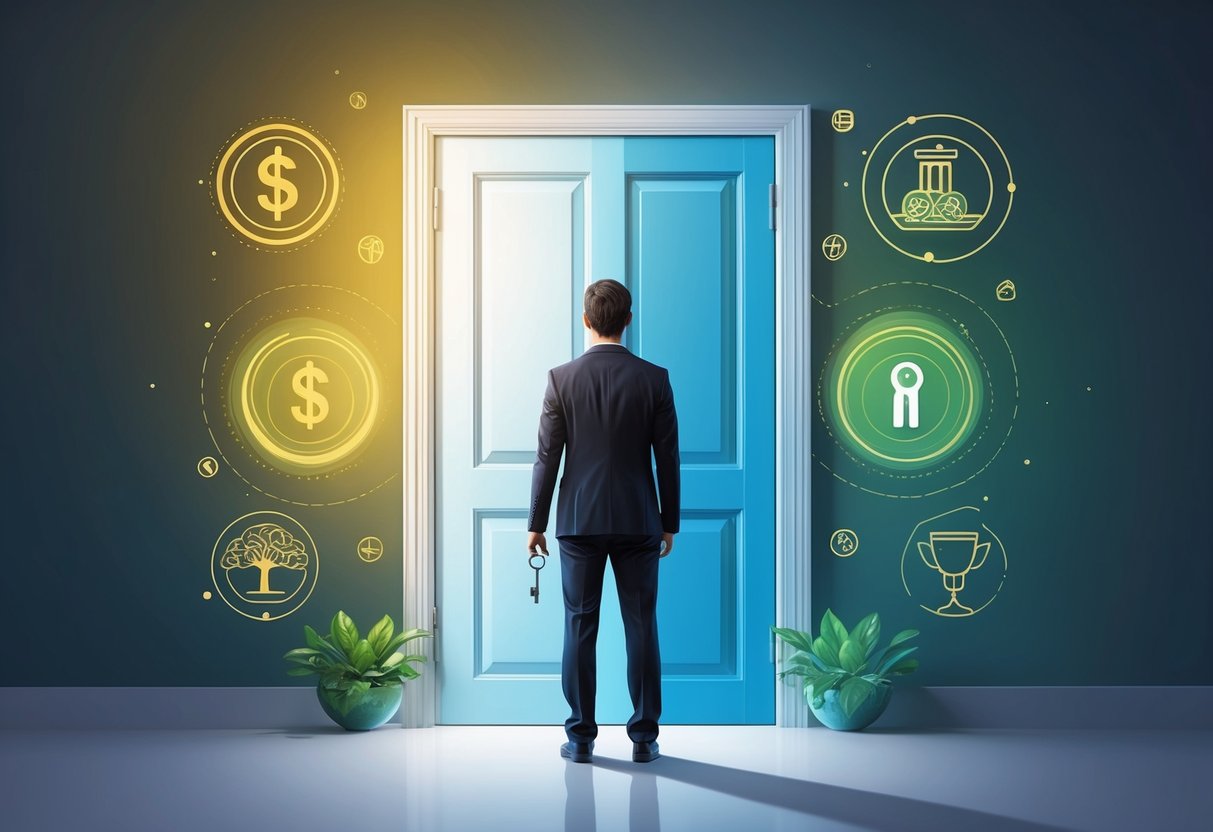 A person standing in front of a closed door, with a key in hand, surrounded by symbols of abundance and opportunity
