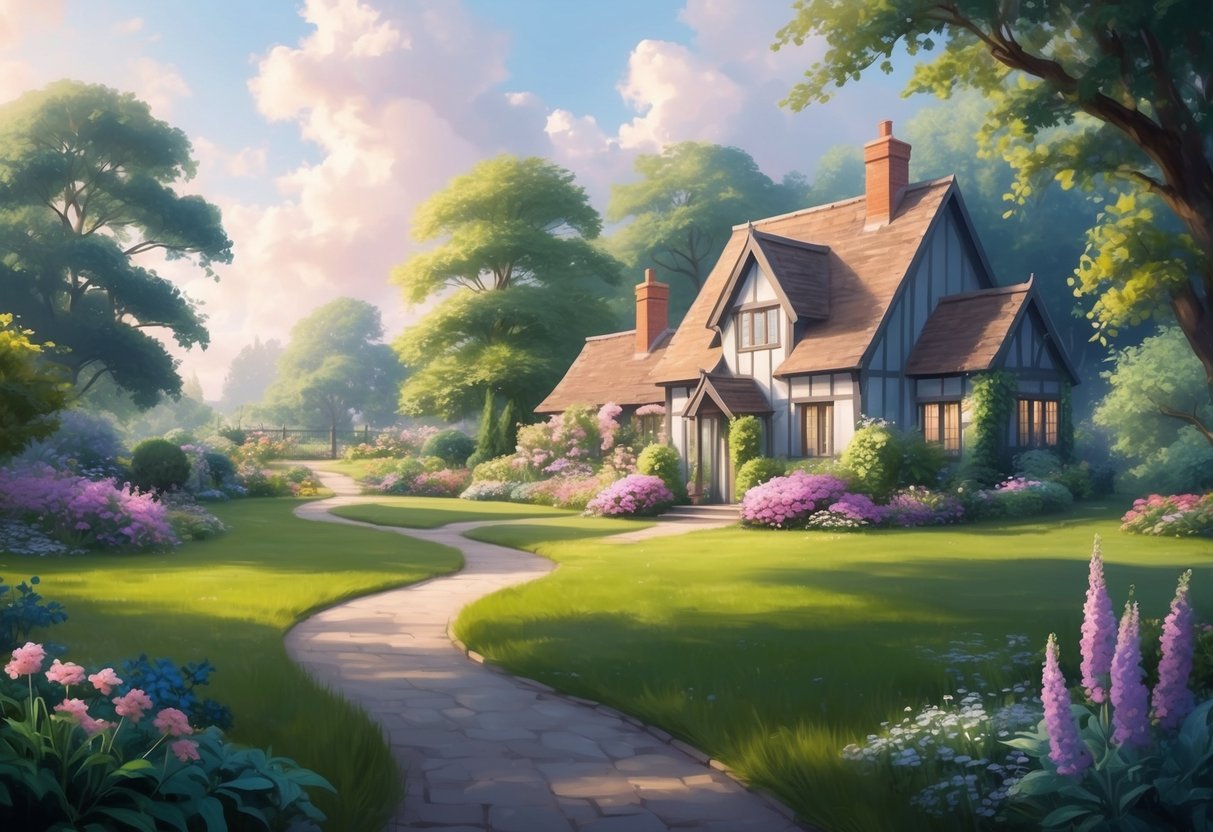 A tranquil garden with a winding path leading to a peaceful retirement cottage nestled among blooming flowers and lush greenery