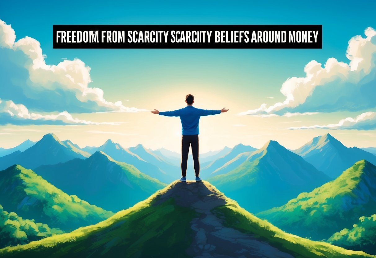 A person standing on a mountain peak, arms outstretched, surrounded by a lush landscape with a clear blue sky above, symbolizing freedom from scarcity beliefs around money