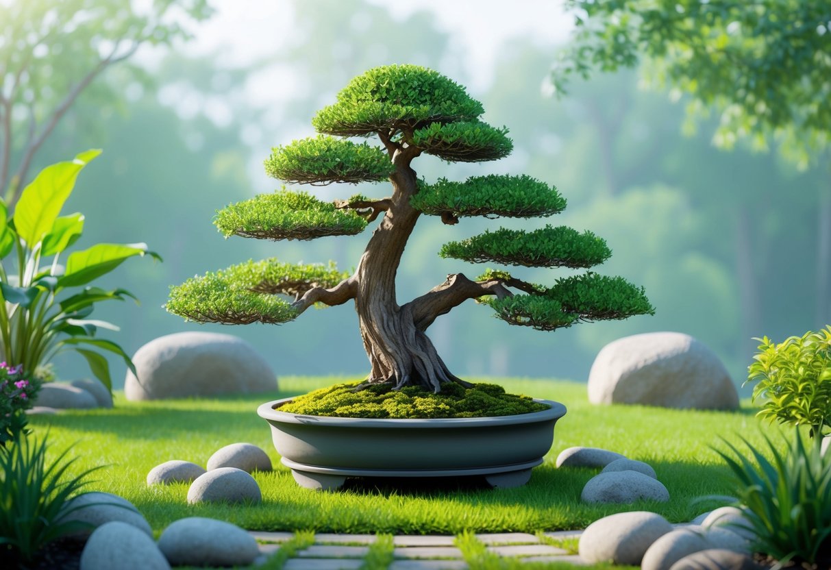 A serene garden with a well-tended bonsai tree surrounded by carefully arranged stones, symbolizing the cultivation of excellence and continuous improvement for retirement success
