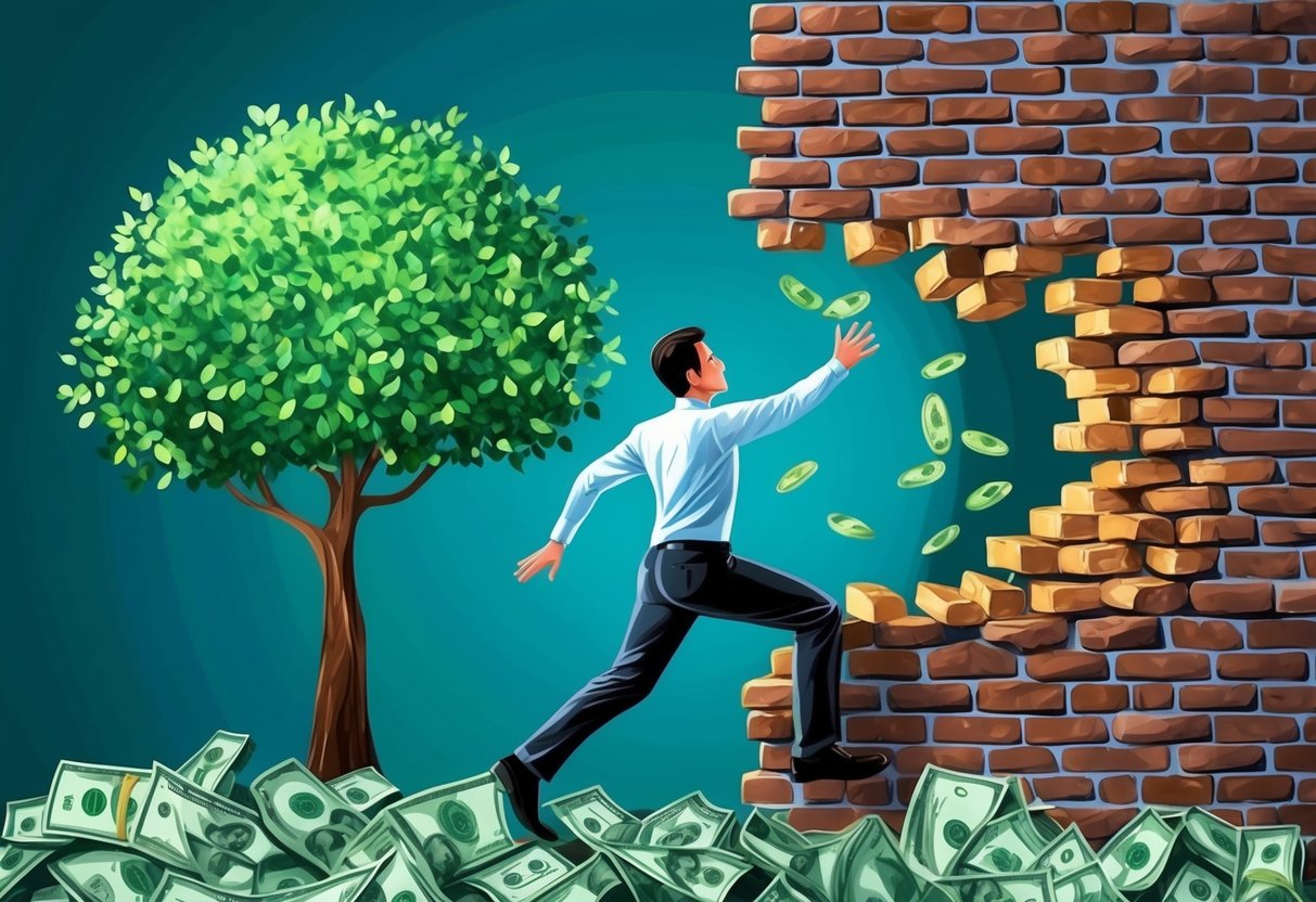 A person breaking through a brick wall with a money tree on the other side, symbolizing overcoming mental barriers to prosperity