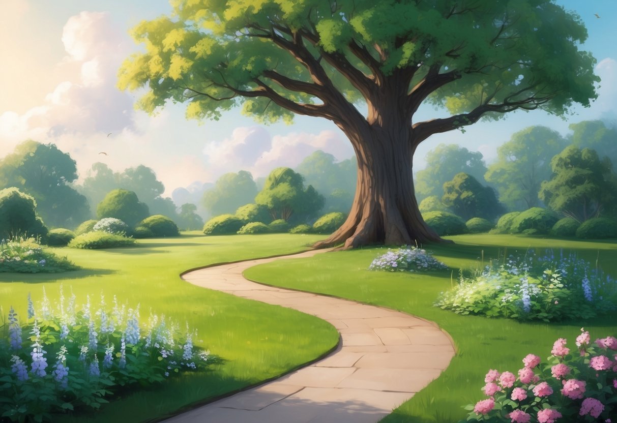 A serene garden with a winding path leading to a grand oak tree, surrounded by blooming flowers and lush greenery, symbolizing growth and legacy building