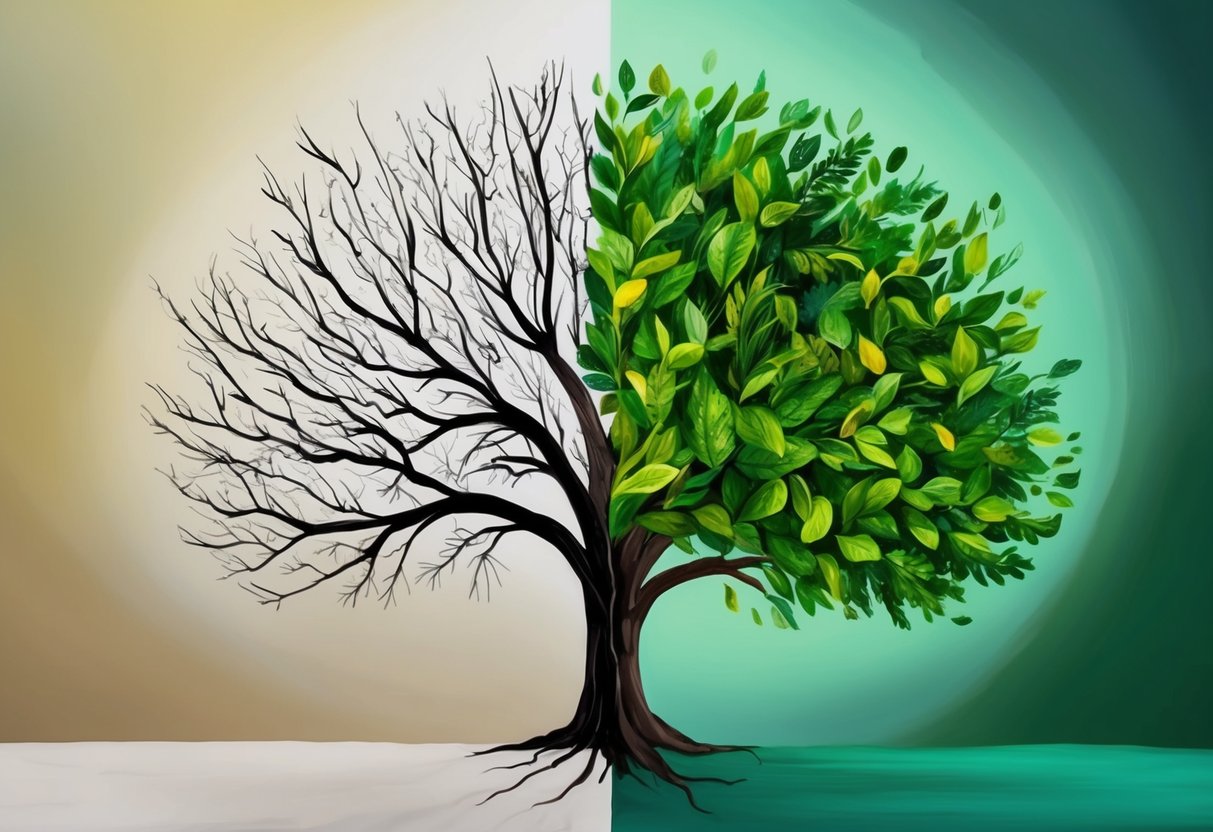 A tree with barren branches on one side and lush, abundant foliage on the other, symbolizing the transition from scarcity to abundance mindset