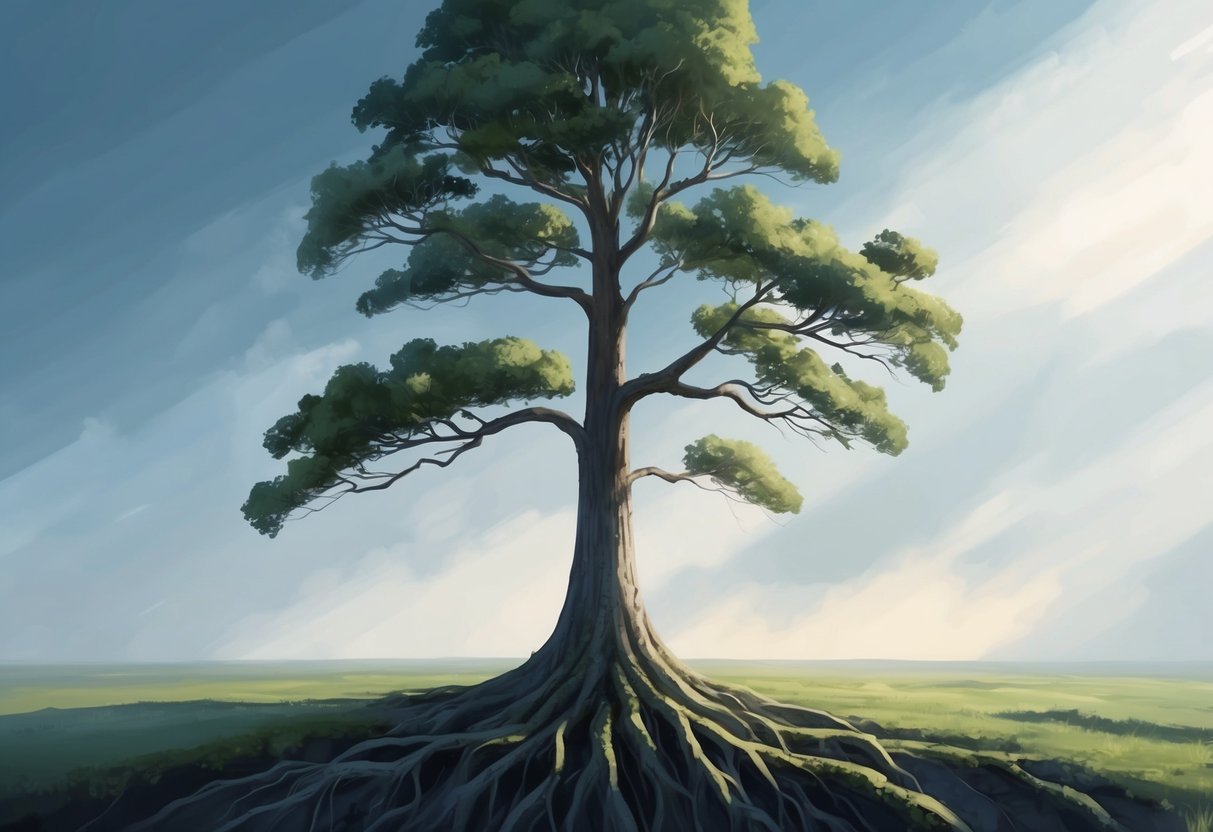 A lone tree stands tall and strong, its roots deeply embedded in the earth. The branches reach out in all directions, symbolizing the far-reaching impact of a legacy-oriented mindset
