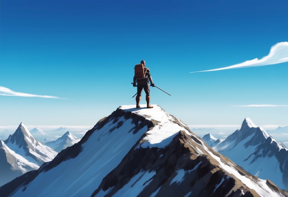A figure standing on a mountain peak, facing a daunting path ahead, with a clear blue sky and a sense of determination in their stance