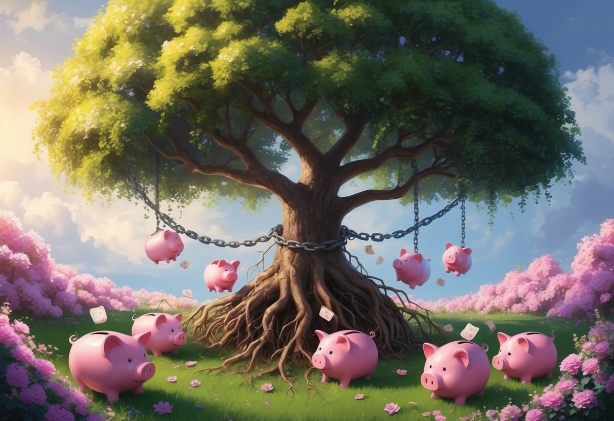 A flourishing tree with roots breaking free from chains, surrounded by blooming flowers and overflowing piggy banks
