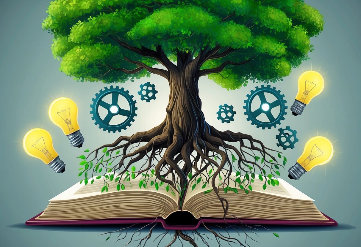 A tree with deep roots growing from a book, surrounded by gears and lightbulbs, symbolizing growth and innovation for retirement success