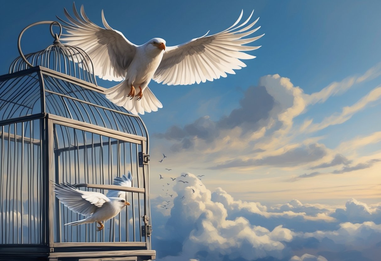 A bird breaking free from a cage, soaring into the open sky