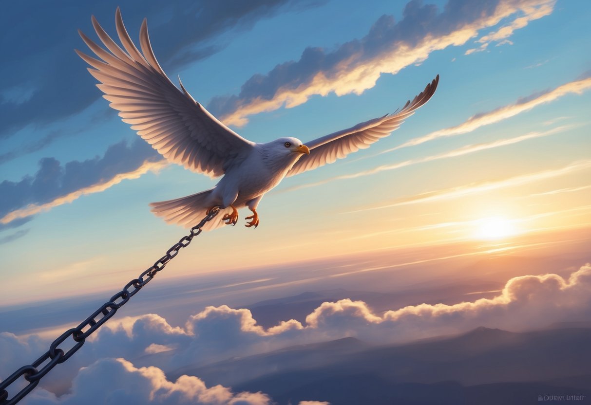 A soaring bird breaking free from chains, flying towards a glowing horizon of opportunity
