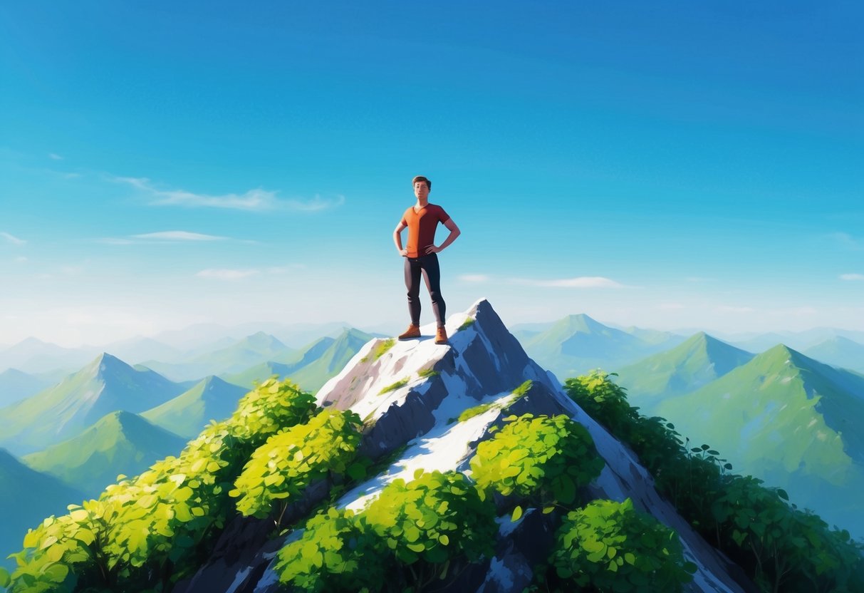 A person standing confidently on a mountain peak, surrounded by lush greenery and a clear blue sky, with a sense of freedom and abundance