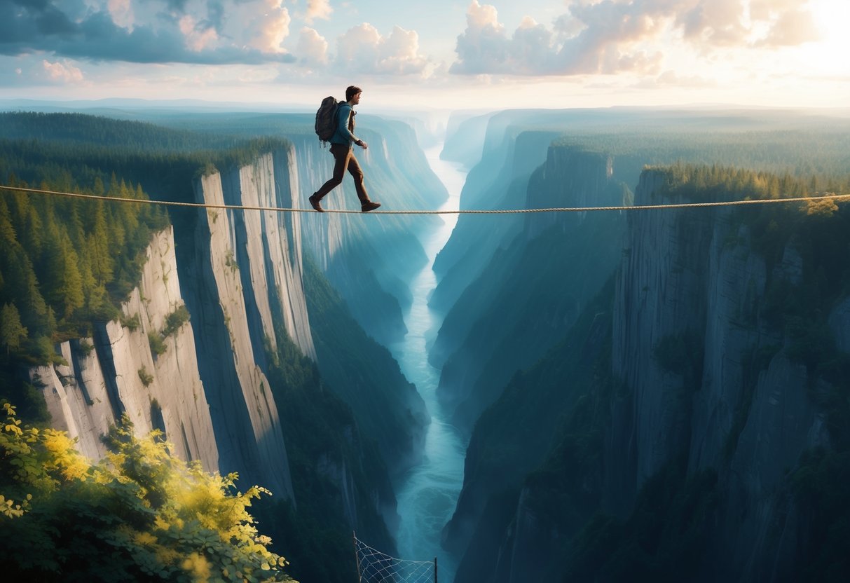 A person walking on a tightrope over a vast chasm, with a safety net below