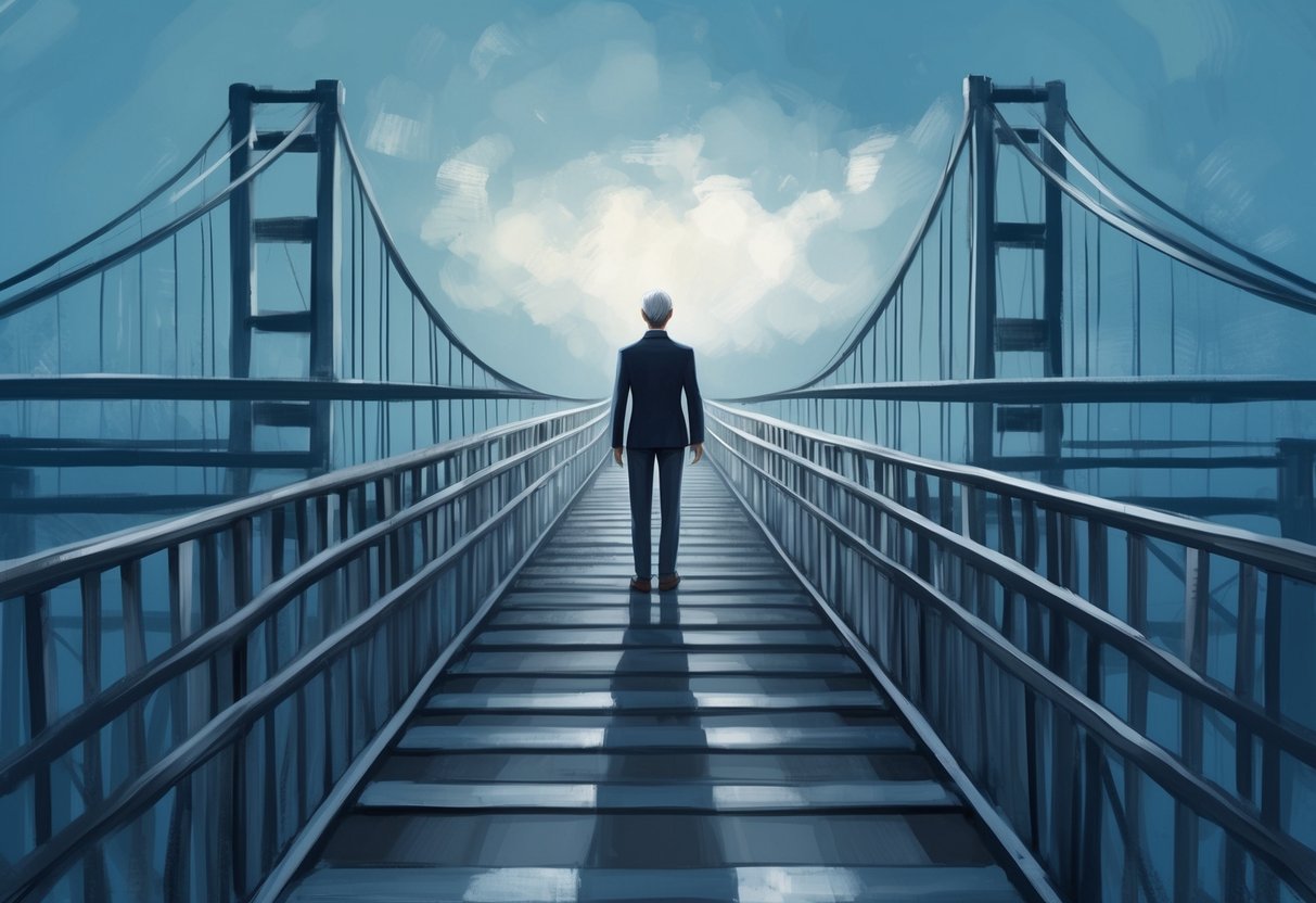 A figure standing on a narrow bridge, with one end leading to a safe and comfortable retirement, and the other end leading to unknown and risky paths