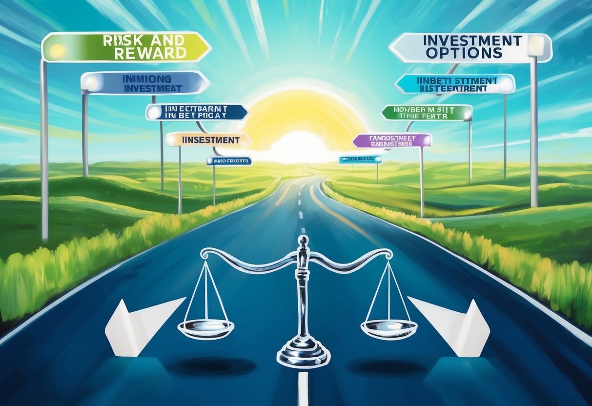 A winding road leading to a bright, open horizon with various investment options branching off. A balance scale symbolizing risk and reward sits in the foreground