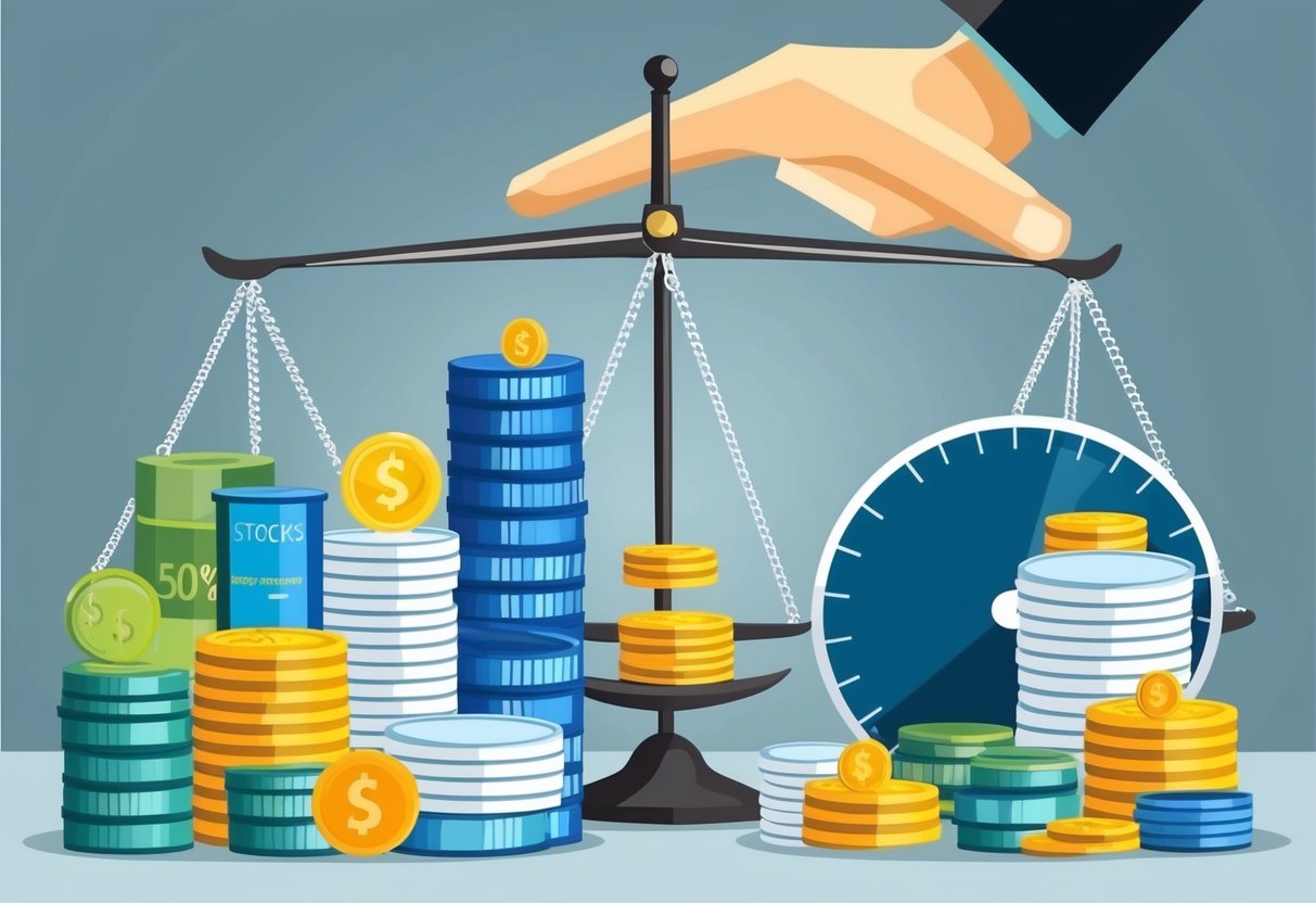 A diverse range of financial products and investments, including stocks, bonds, and mutual funds, are depicted alongside a scale symbolizing the importance of taking risks for retirement success