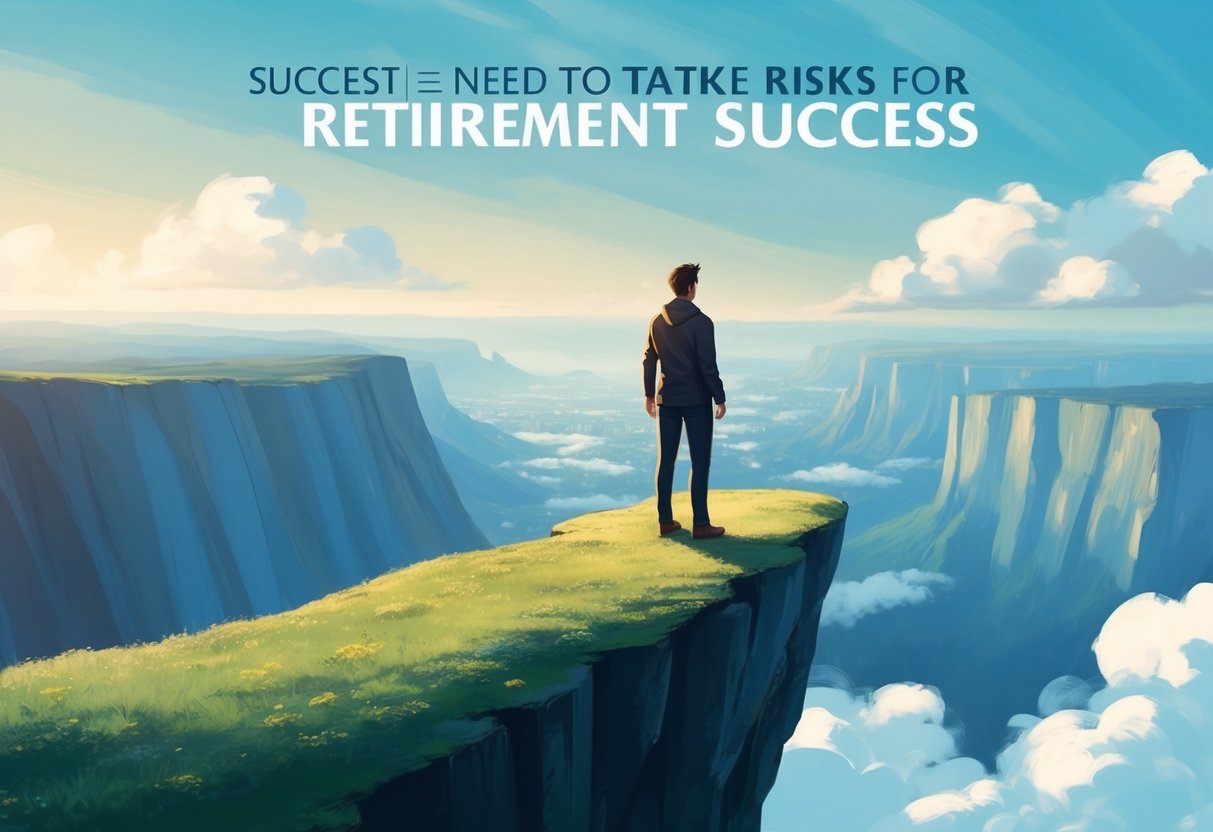 A person standing on the edge of a cliff, looking out at a vast and uncertain landscape below, symbolizing the need to take risks for retirement success
