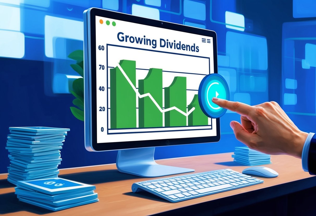 A computer screen displaying a graph of growing dividends, with a hand clicking a button to automate the reinvestment plan