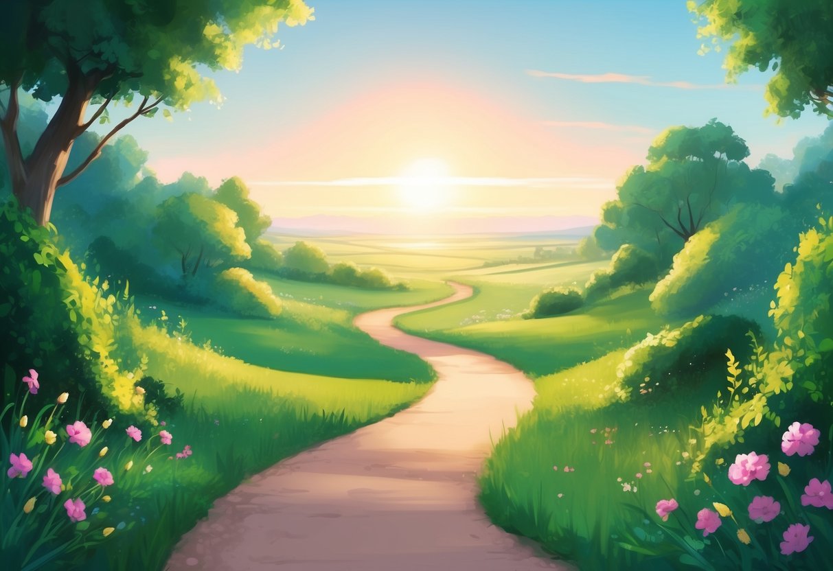 A serene and peaceful landscape with a winding path leading towards a distant, sunlit horizon, surrounded by vibrant greenery and blooming flowers
