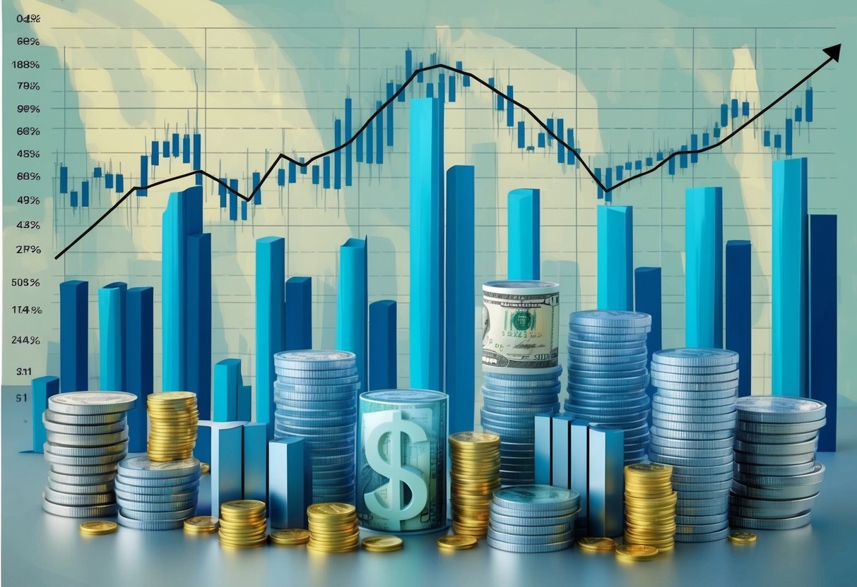 A diverse group of financial assets fluctuating in value, surrounded by a graph showing changing interest rates and market conditions