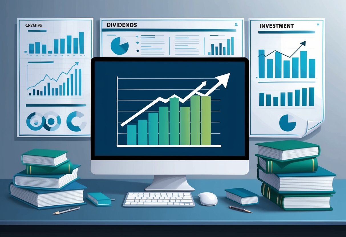 A computer screen displaying a graph of growing dividends, with an arrow pointing upwards, surrounded by financial charts and investment books