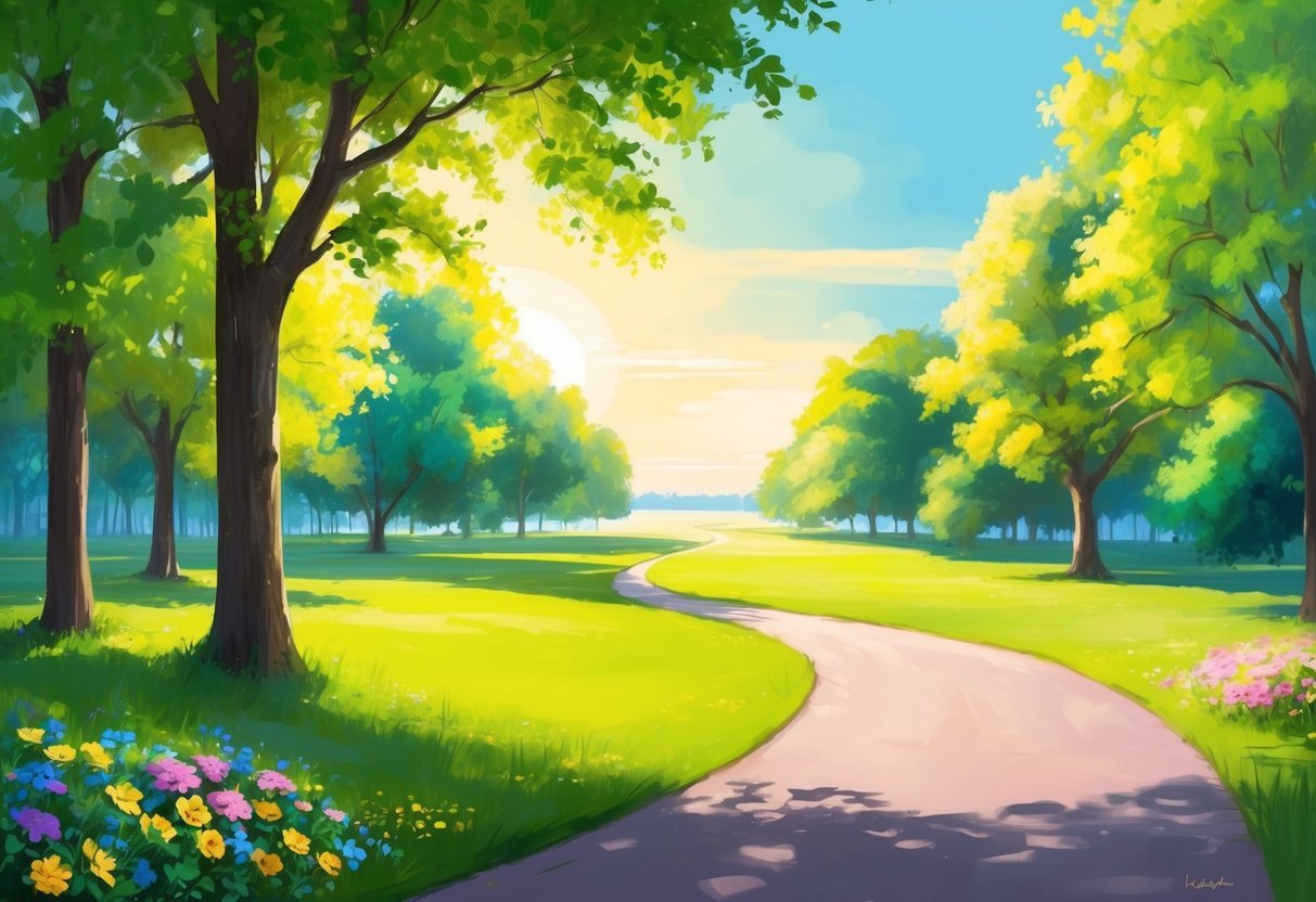 A serene and sunlit park with a winding path leading to a distant horizon, surrounded by vibrant green trees and colorful flowers