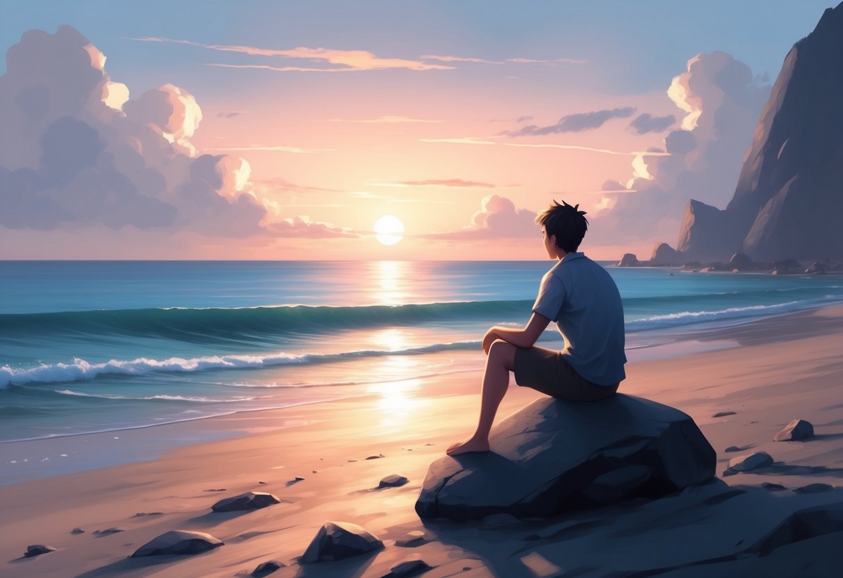 A serene beach at sunset, with a lone figure sitting on a rock, gazing out at the horizon with a sense of contemplation and determination