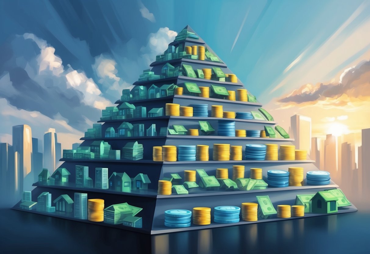 A diverse group of financial assets (stocks, bonds, real estate) arranged in a pyramid, with the riskier assets at the top and the safer ones at the bottom