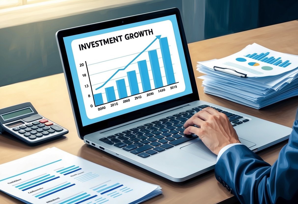A laptop open on a desk, displaying a graph of investment growth. A stack of financial documents and a calculator sit nearby, ready for use
