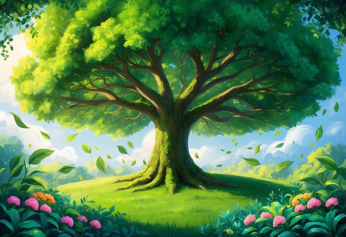 A lush green tree with branches reaching towards the sky, surrounded by vibrant flowers and foliage, symbolizing growth and compounding through automated dividend reinvestment